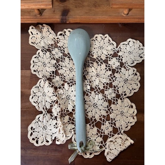 Hand Painted in Duck Egg Blue with Transferware Florals Decorative Wood Spoon - Picture 6 of 6